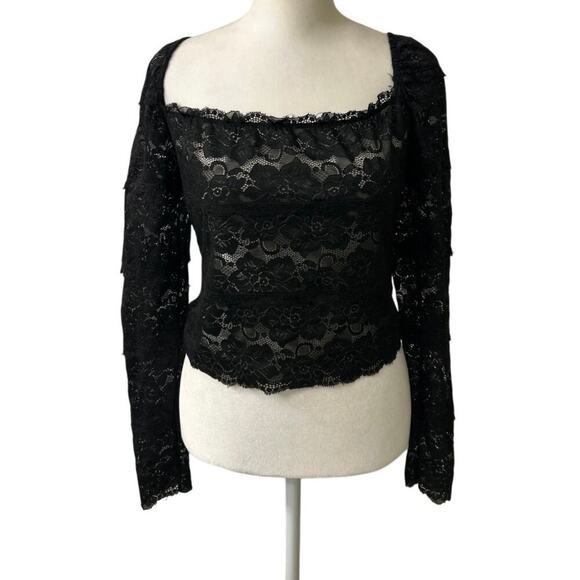 Guess Black Sheer Lace Square Neck Puff Sleeve Crop Top Whimsigoth Coquette M - Picture 4 of 12